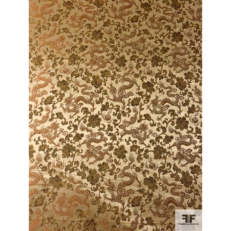 Dragon Floral Oriental Satin Jacquard Brocade – Gold / Caramel / Brown Fabric by the Yard