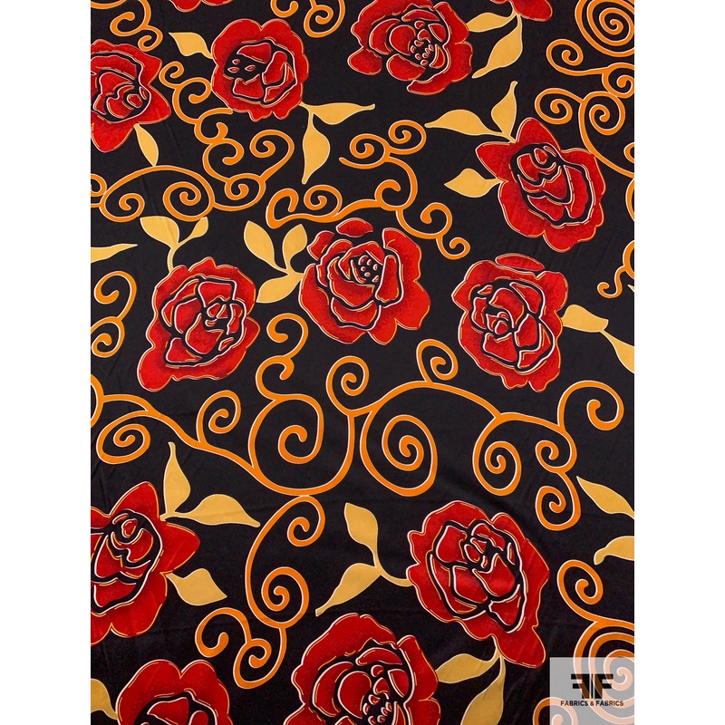 Floral and Swirl Vine Printed Silk Charmeuse – Orange / Red / Black Fabric by the Yard