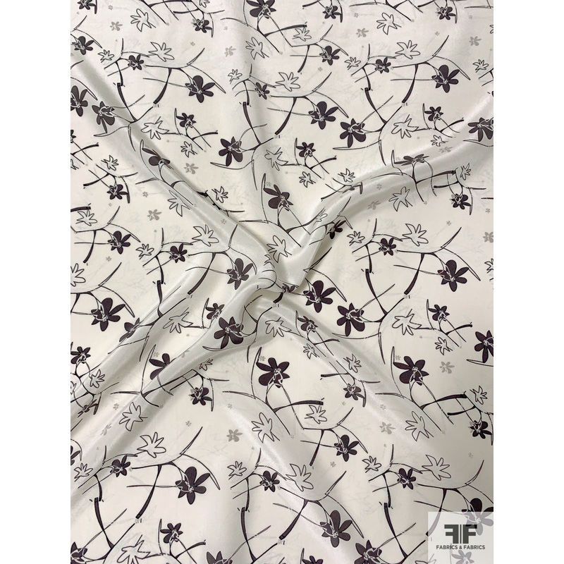 Floral Branch Stems Printed Silk Crepe de Chine – Black / Ivory Fabric by the Yard