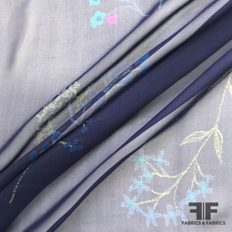 Floral Printed Silk Chiffon – Navy/ Multicolor Fabric by the Yard