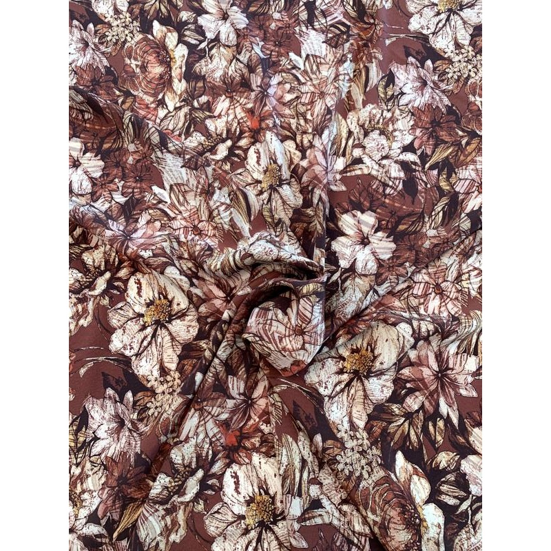 Floral Sketch Printed Silk Crepe de Chine – Mocha / Beige Fabric by the Yard