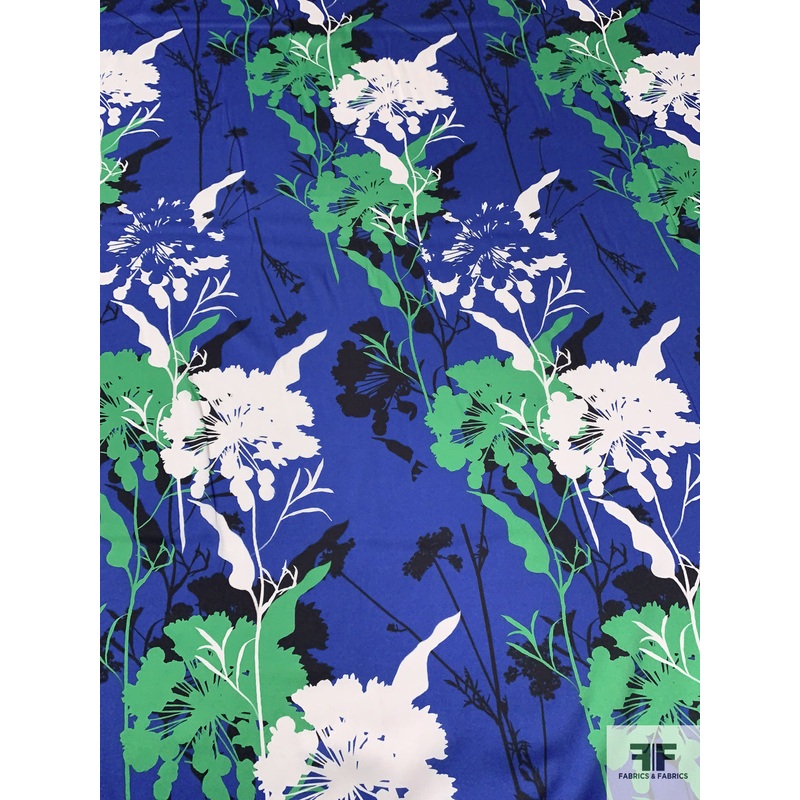 Italian Floral Silhouette Printed Fine Polyester Twill – Blue / Green / Black / Off-White Fabric by the Yard
