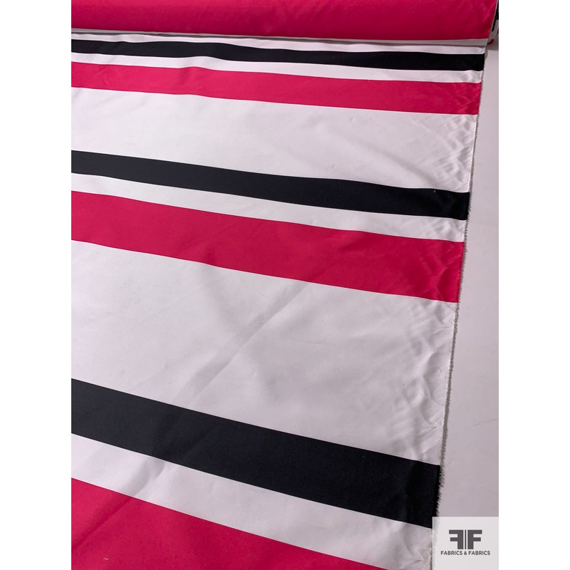 Italian Large Striped Silk Blend Zibeline – Raspberry / Black / White Fabric by the Yard