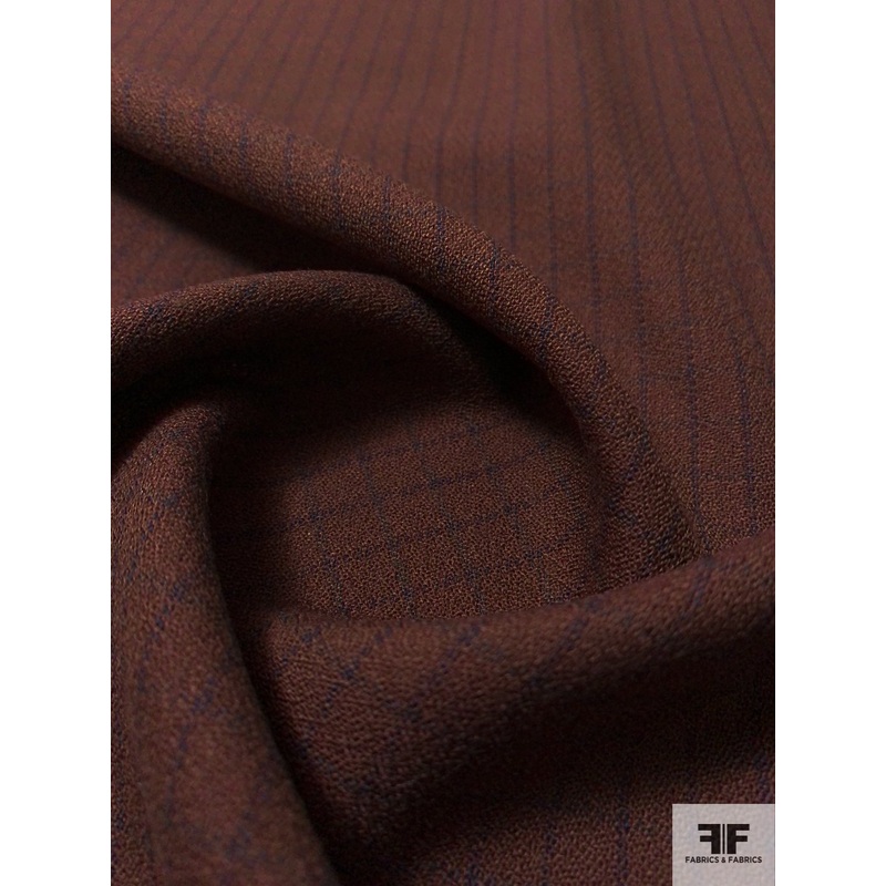 Italian Mini Windowpane Wool Crepe Suiting – Cherry Chesnut Brown / Navy Fabric by the Yard