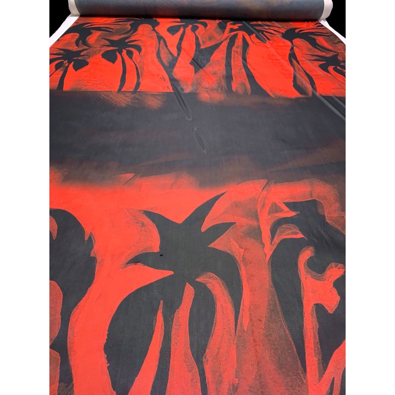 Italian Palm Trees Silhouette Printed Stretch Mesh – Fiery Orange / Black Fabric by the Yard