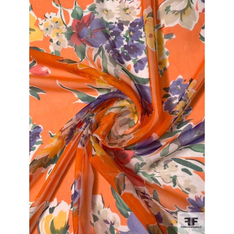Italian Ralph Lauren Floral Printed Silk Chiffon – Orange / Multicolor Fabric by the Yard