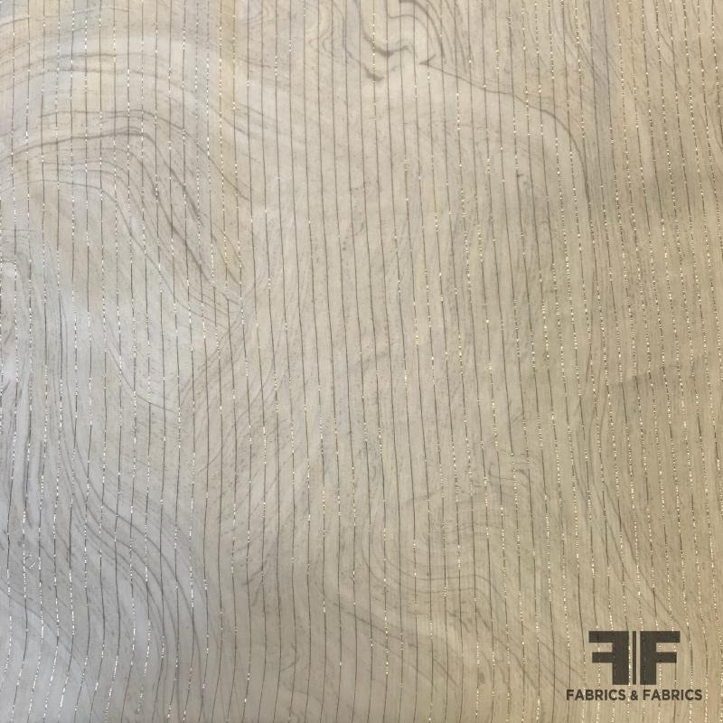Metallic Abstract Marble Printed Silk Chiffon – Beige/Gold Fabric by the Yard