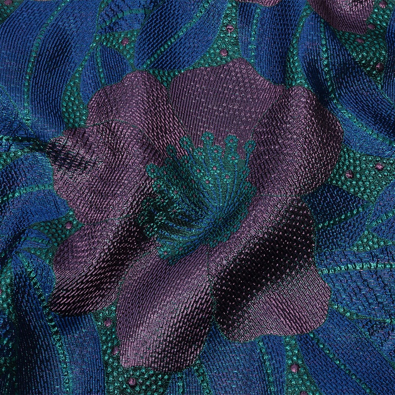 Metallic Purple, Royal Blue and Teal Tropical Flowers Luxury Brocade