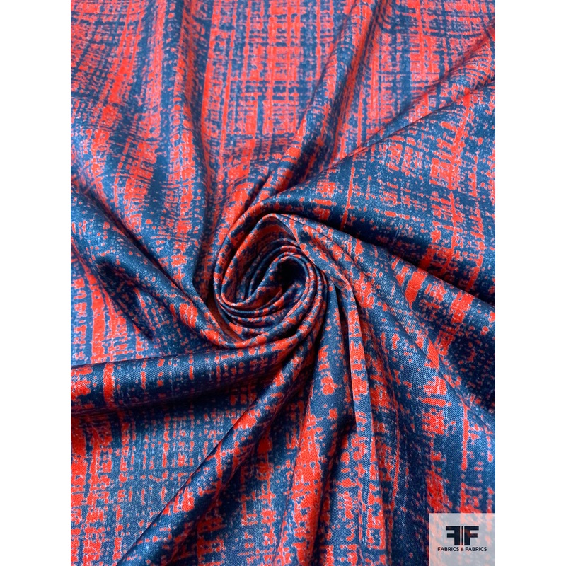 Abstract Printed Stretch Cotton Sateen – Hot Orange / Blue Fabric by the Yard