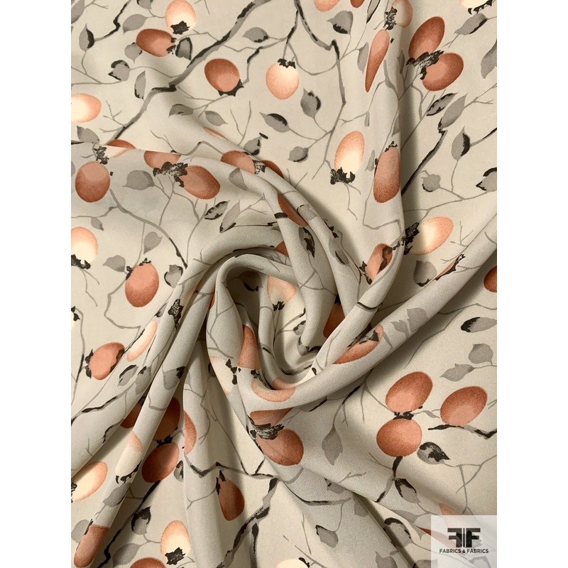Autumn Peach Tree Printed Silk Georgette – Dusty Peach / Greys / Black Fabric by the Yard