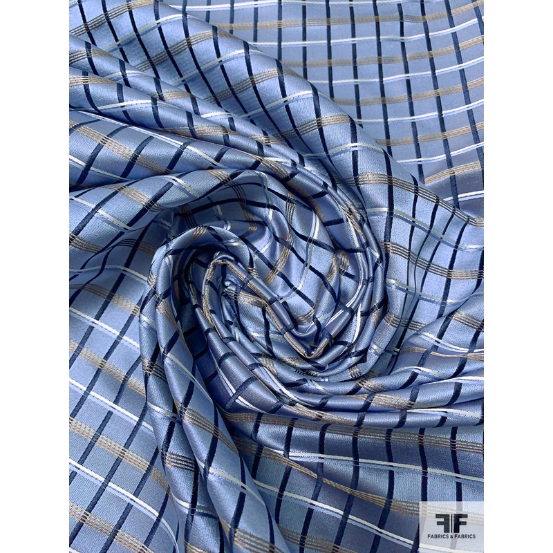 Basketweave Plaid Silk Necktie Jacquard Brocade – Winter Blue / Navy / White Fabric by the Yard