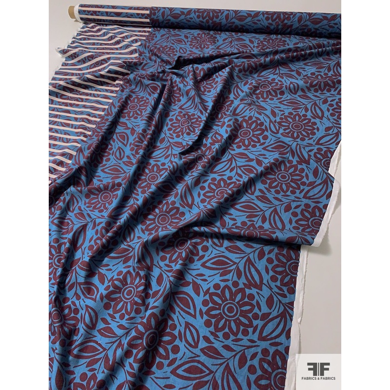 Boho Floral and Border Pattern Printed Cotton Lawn – Teal / Maroon / Cream Fabric by the Yard