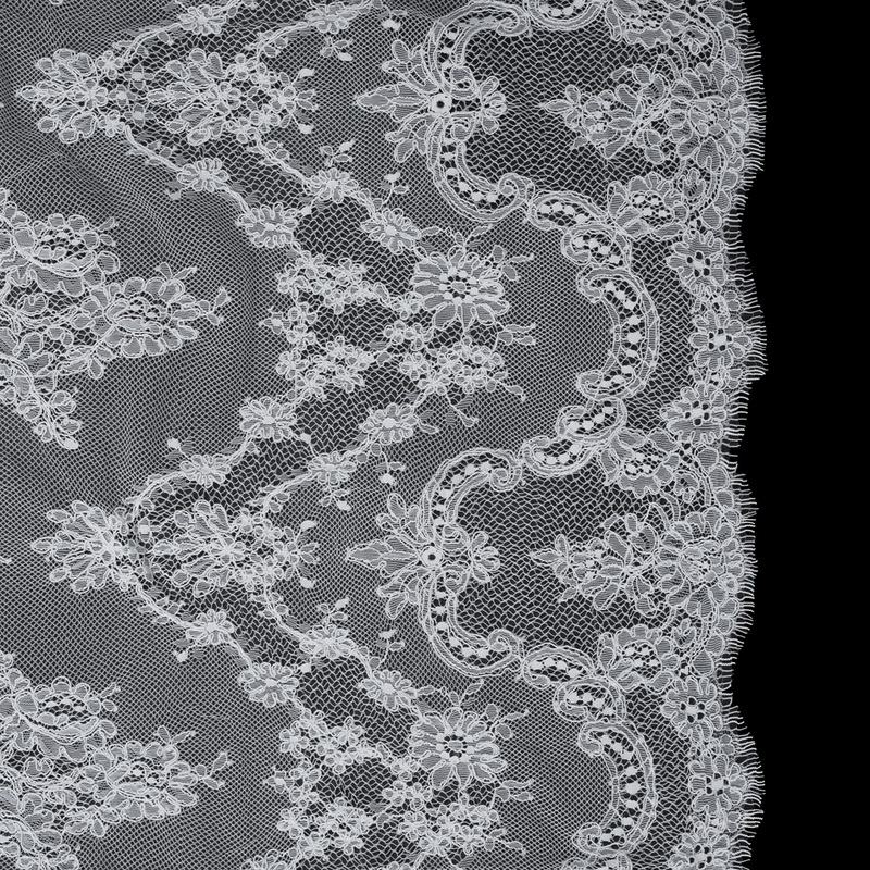 Corded Lace Panel with Finished Edges – White Floral Bunches – 3 yards