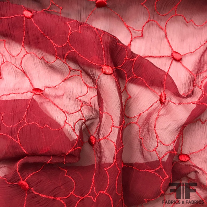 Floral Embroidered Silk Chiffon – Red Fabric by the Yard