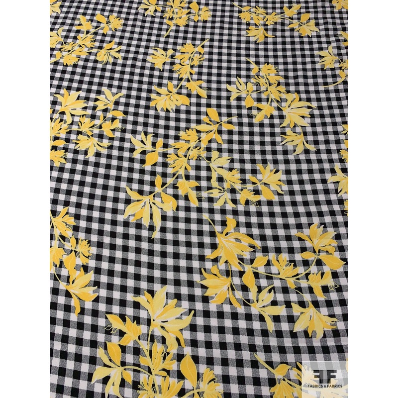 Gingham and Floral Stem Silhouette Printed Rayon Crepe – Yellow / Black / White Fabric by the Yard