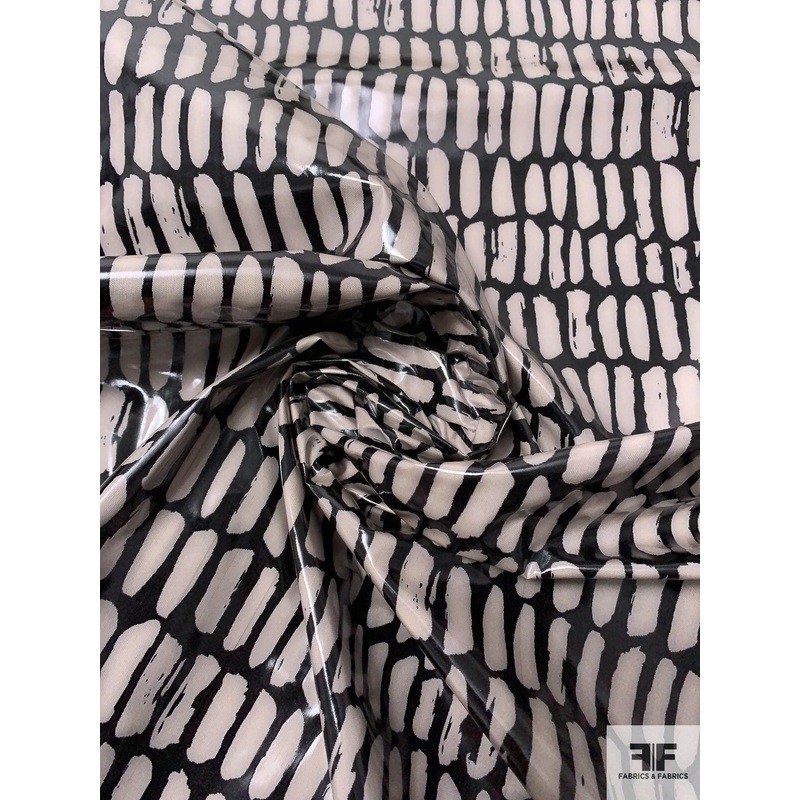 Graphic Printed Polyester Taffeta with Clear Vinyl Coating – Beige / Black Fabric by the Yard