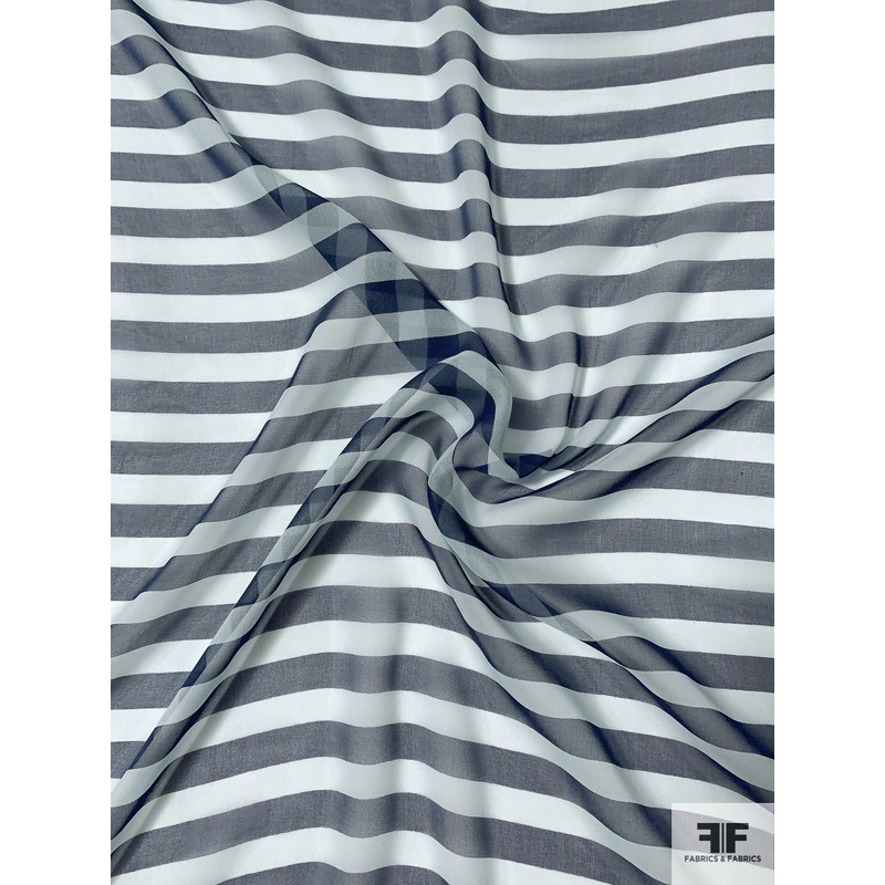Horizontal Striped Printed Silk Chiffon – Navy / Light Sky Blue Fabric by the Yard