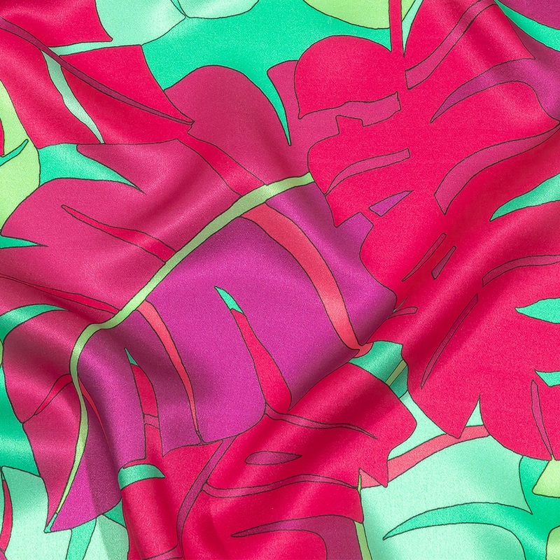 Italian Fuchsia, Hot Pink and Mint Jungle Leaves Silk Charmeuse