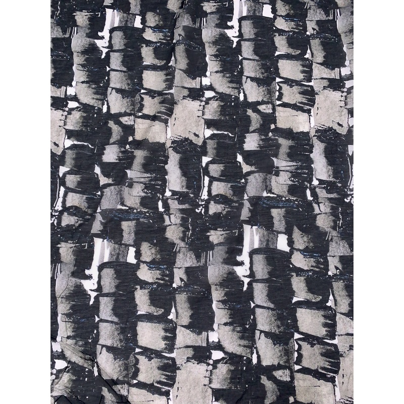 Italian Graphic Printed Silk-Cotton Voile – Grey / Black / Off-White / Blue Fabric by the Yard