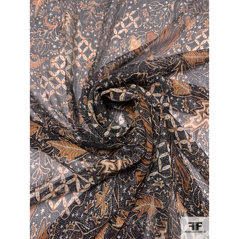 Multi-Pattern Collage Printed Crinkled Silk Chiffon – Copper Brown / Black / Light Beige Fabric by the Yard