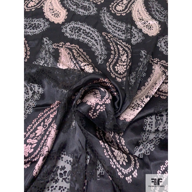 Paisley Printed and Burnout Silk-Rayon Chiffon – Black / Dusty Ice Pink Fabric by the Yard