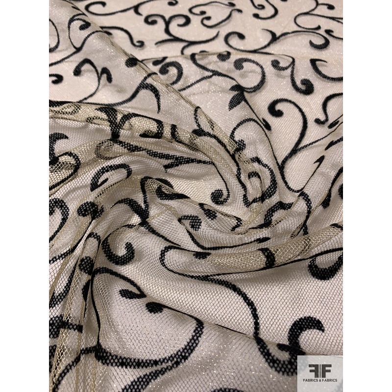 Paisley Vine Flocked Metallic Tulle – Black / Gold Fabric by the Yard