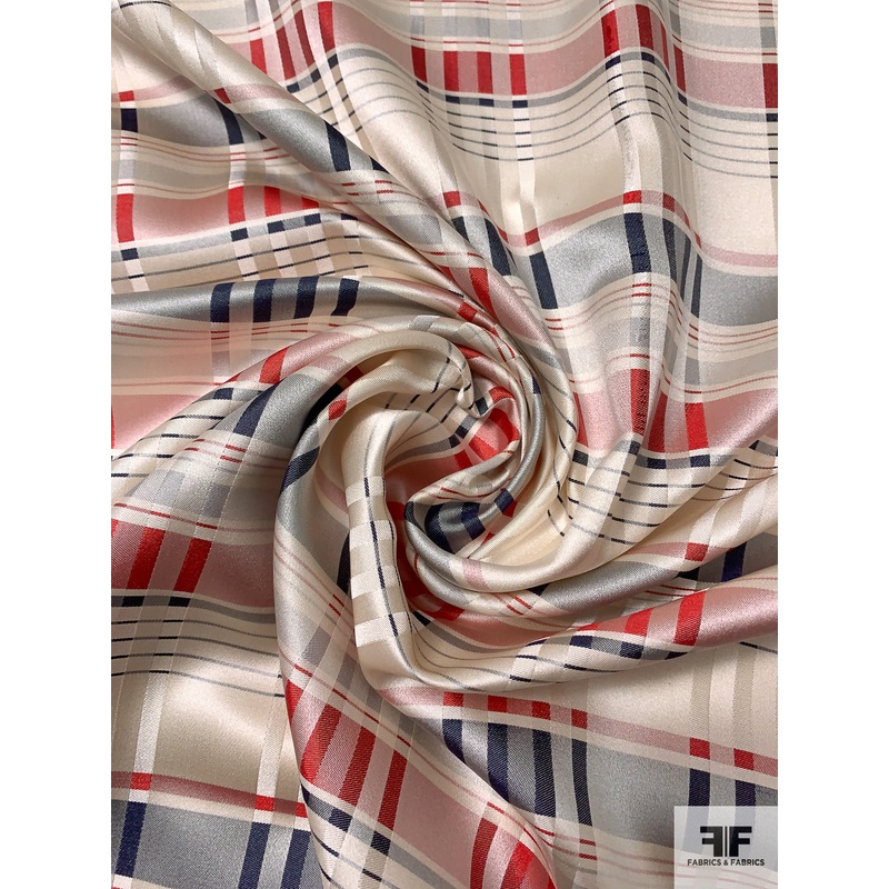 Plaid Silk Necktie Jacquard Brocade – Cream / Denim Red / Denim Blue Fabric by the Yard