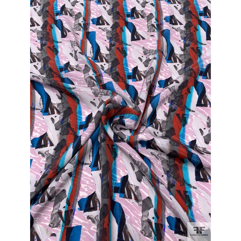 Abstract Linear Printed Twill-Weave Silk Crepe de Chine – Rust / Turquoise / Greys / Dusty Lilac Fabric by the Yard