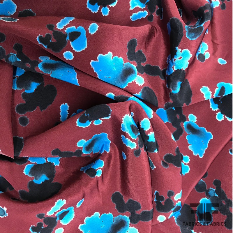 Abstract Painterly Splattered Silk Crepe de Chine – Burgundy/Black/Blue Fabric by the Yard