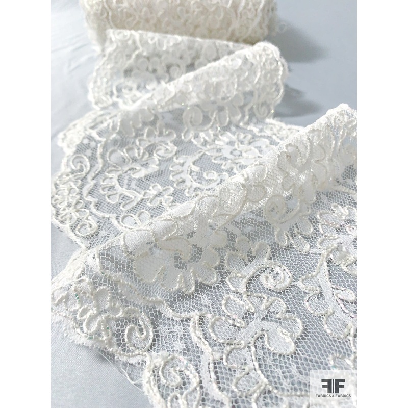 Double-Scalloped Floral Corded Lace Trim with Aurora Borealis Thread Detailing – Off-White Fabric by the Yard