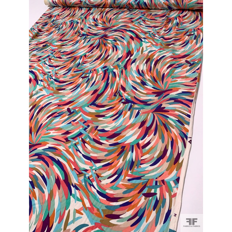 Feather Brushstroke Vortex Printed Silk Jersey Knit – Corals / Aquas / Royal / Purple Fabric by the Yard