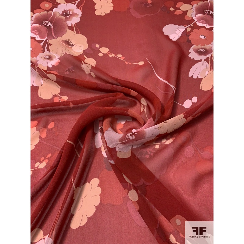 Floral Printed Silk Chiffon – Burnt Red / Burnt Coral / Maroon / Pale Pink Fabric by the Yard