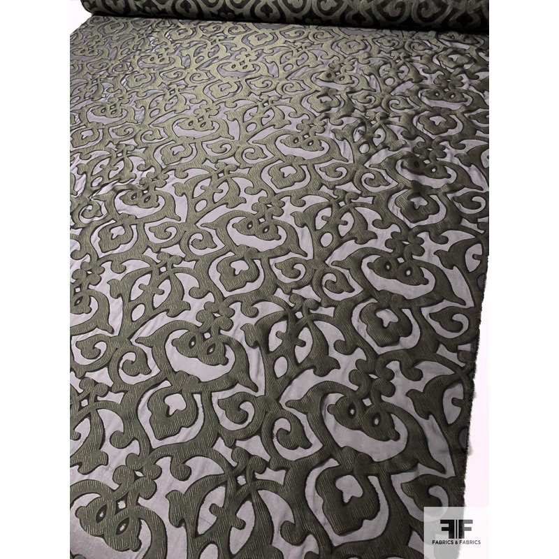 Italian Damask Style Burnout Silk Chiffon – Black / Ecru Fabric by the Yard