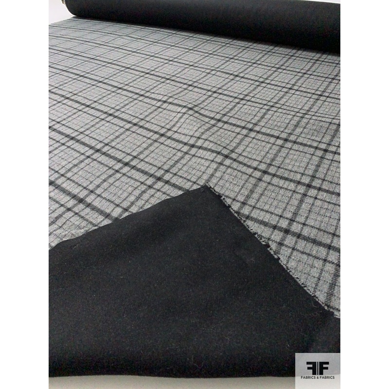 Italian Double-Sided Plaid and Solid Wool Coating – Heather Grey / Black Fabric by the Yard