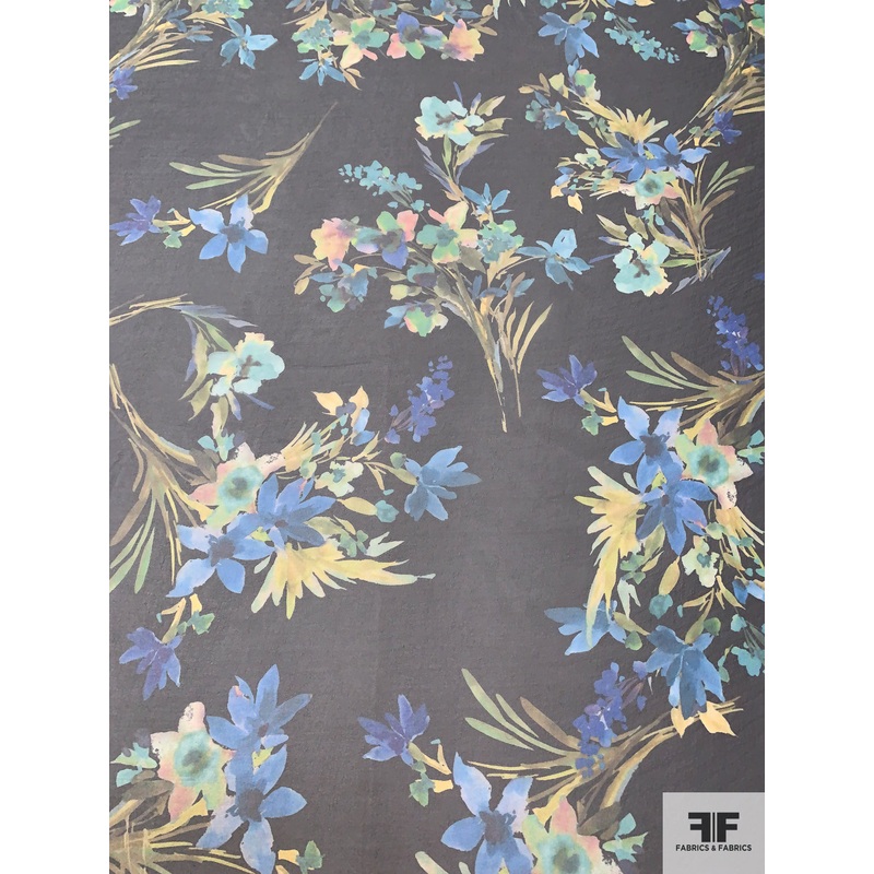 Italian Floral Bouquets Printed Polyester Organza – Black / Greens / Blues Fabric by the Yard