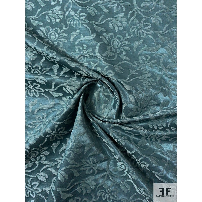 Italian Medieval Floral Satin Jacquard Brocade – Antique Teal Fabric by the Yard