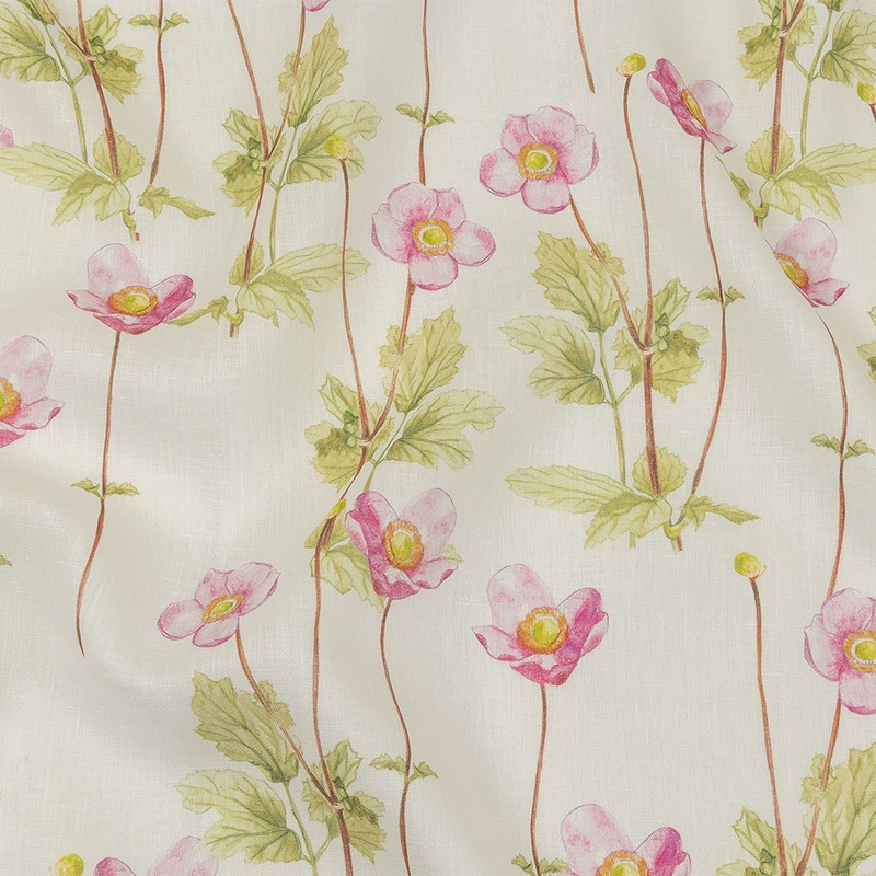 Pink, Green and White Anemone Flower Medium Weight Linen Woven