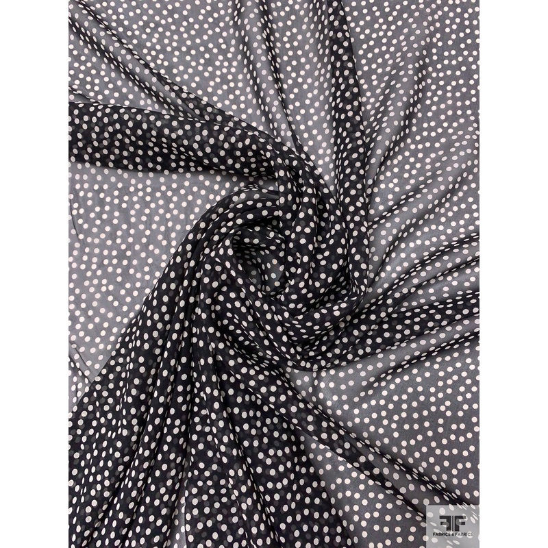 Polka Dotted Printed Silk Chiffon – Black / Off-White Fabric by the Yard