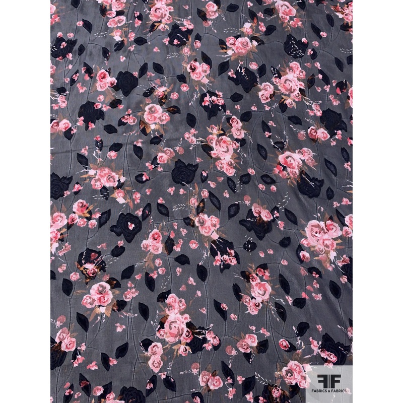 Romantic Floral Printed Burnout Polyester Chiffon – Navy / Strawberry / Brown Fabric by the Yard