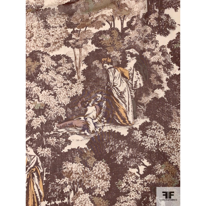Toile Landscape Printed Silk Chiffon – Brown / Cream / Peach Fabric by the Yard