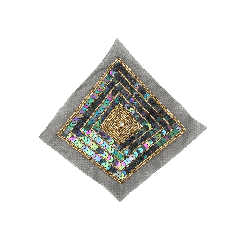 Vintage Black Iris, Multicolored and Gold Beaded and Sequins Diamond Applique – 5.25″ x 5.25″