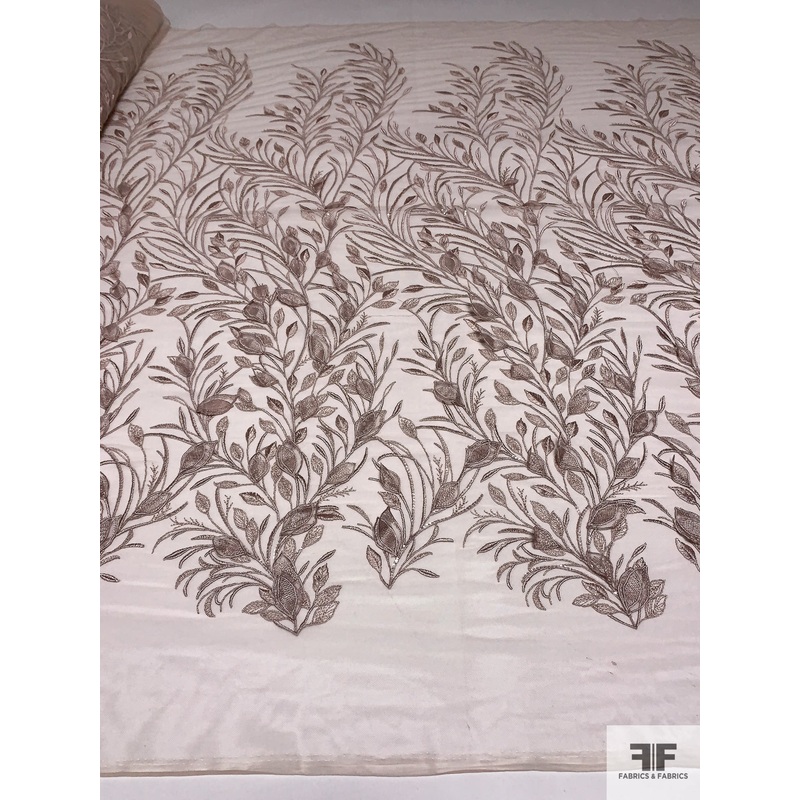3D Leaf Stalks Embroidered Tulle with Pearls and Sequins – Dusty Champagne-Pink Fabric by the Yard