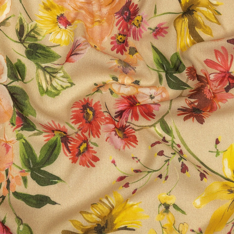 Gauzy Wrinkled Rayon Woven Print – Beige, Pink and Yellow Floral – Mood Exclusive Flower Stand
