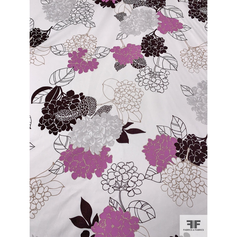 Made in Switzerland Hydrangea Printed Fine Cotton Twill – Orchid Pink / Dark Brown / White / Grey Fabric by the Yard