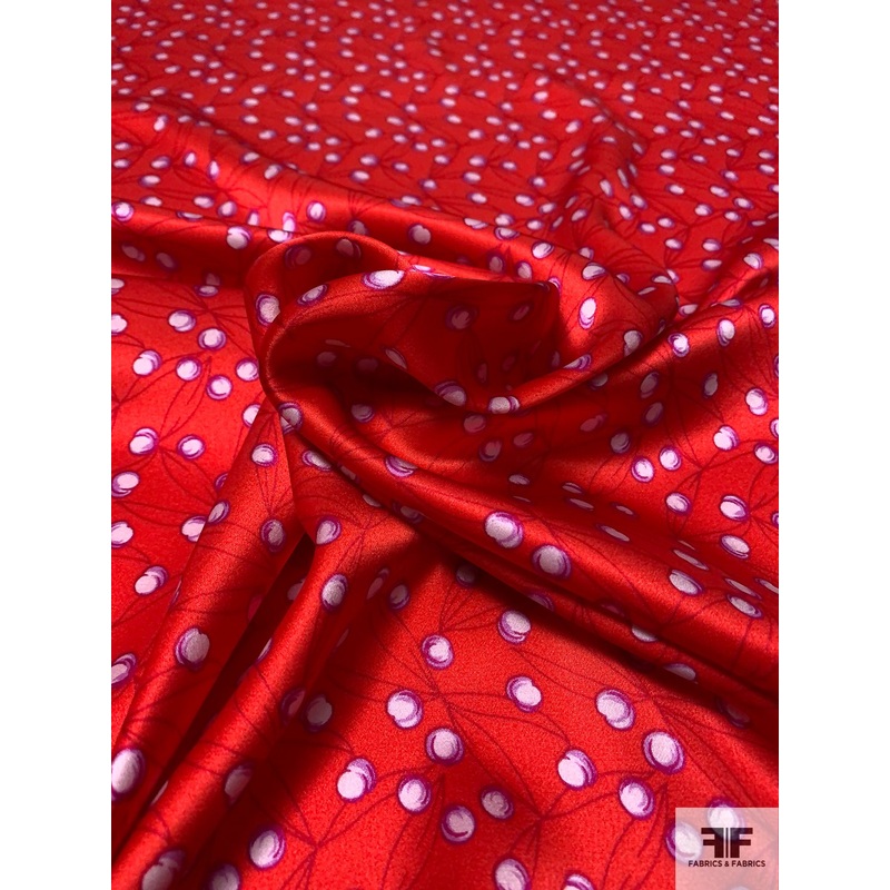 Mini Berries Printed Silk Charmeuse – Hot Red / White / Lilac Fabric by the Yard