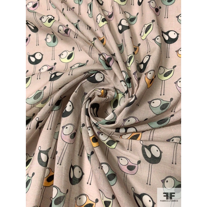 Playroom Birds Printed Cotton Voile – Taupe / Black / Multi Fabric by the Yard