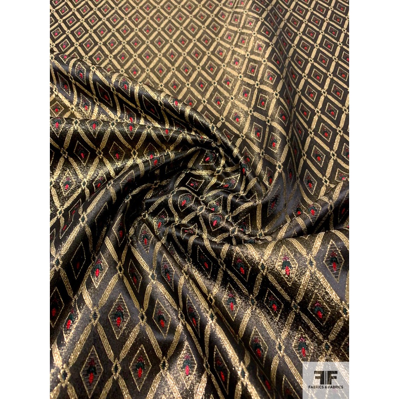 Regal Diamond Lattice Metallic Brocade – Black / Gold / Red / Boysenberry Fabric by the Yard
