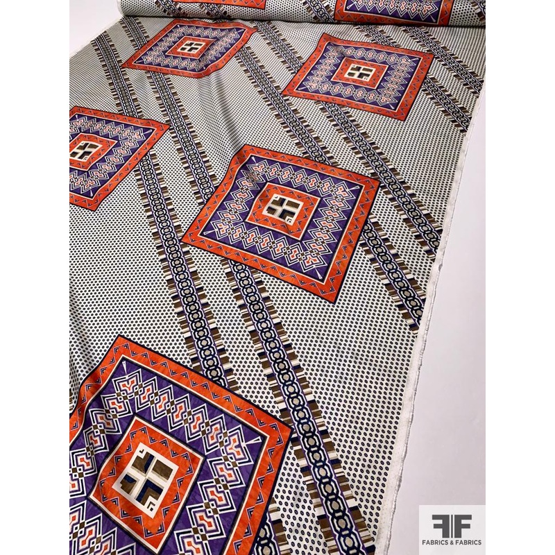 Scarf Motif Printed Silk Twill – Orange / Purple / Off-White / Olive Fabric by the Yard