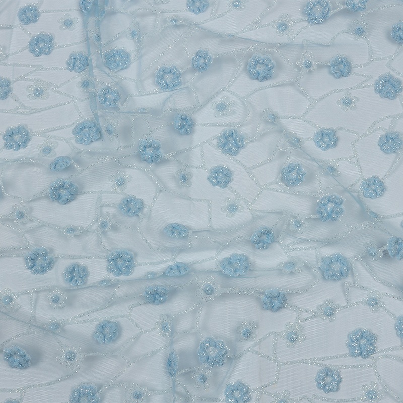 3D Puffy Glitter Tulle – Baby Blue and White Flowers and Geometric Stems