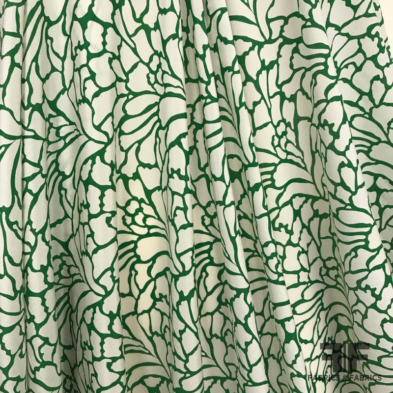 Abstract Silk Crepe de Chine – Green/Off-White Fabric by the Yard